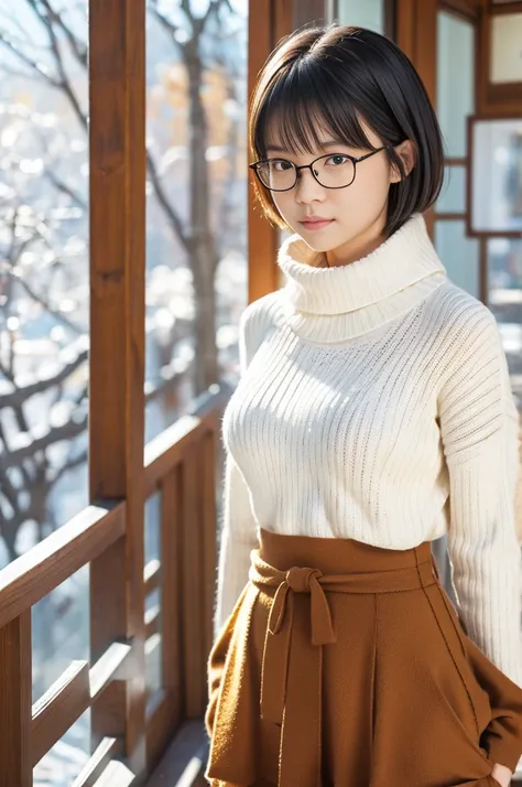 (8k, RAW photo, photorealistic, HQ, masterpiece), (whole body, full body), a cute Japanese girl,(glowing eyes), 
(), Rimless Glasses, brown hair, fluffy Pixie Bob hair, large breasts, curvy, (A big baggy wool sweater layered over a simply long skirt), 
sta...