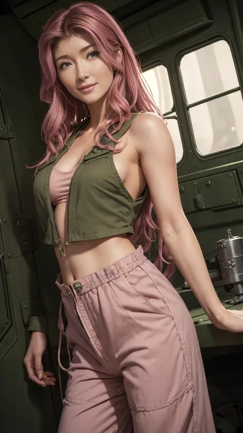 ((1girl)), ((Jewel Staite as Kaylee from Firefly)), ((undone olive green coveralls)), ((short pink crop top)), ((long brunette hair)), perfect breasts, sexy pose, smile, spaceship engine