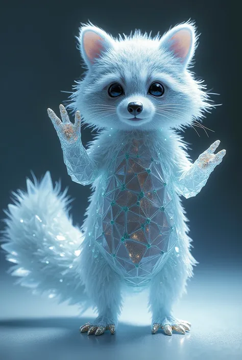 A captivating photograph of an extra fluffy baby raccoon with a crystalline structure. The raccoon has a hexagonal lattice framework body with tetrahedron-shaped crystalline patterns. Its tail, torso, and face are composed of interconnected crystalline pat...