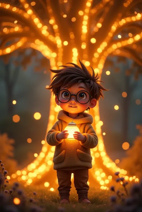  Animated image:A cute boy with messy brown hair, glasses,wearing a cozy outfit, holding a glowing tiny lantern, standing before a majestic magical tree with glowing golden leaves. The tree is surrounded by floating lights and sparkles, with Oliver holding...