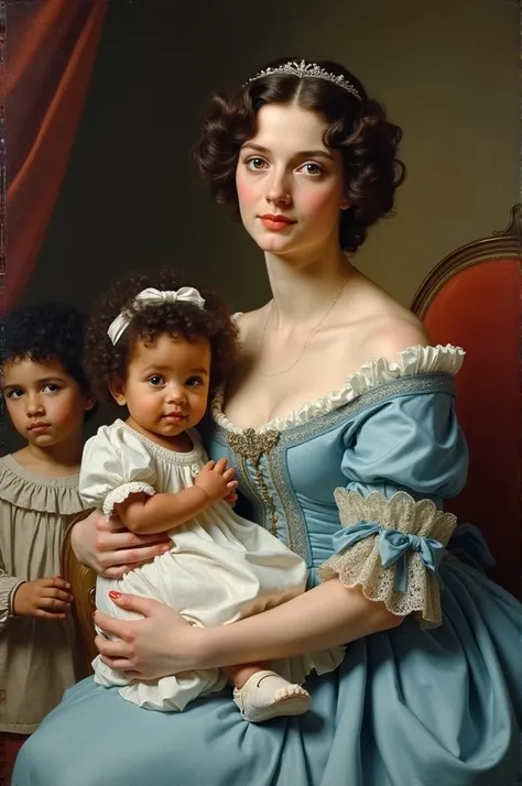 French women with brown dark curly hair and blue eyes with wearing a 1700 revolutionary style light blue royal gown wearing a tiara sitting down and holding a baby girl with dark brown curls, mixed brown skin with blue eyes and a toddler boy with dark brow...