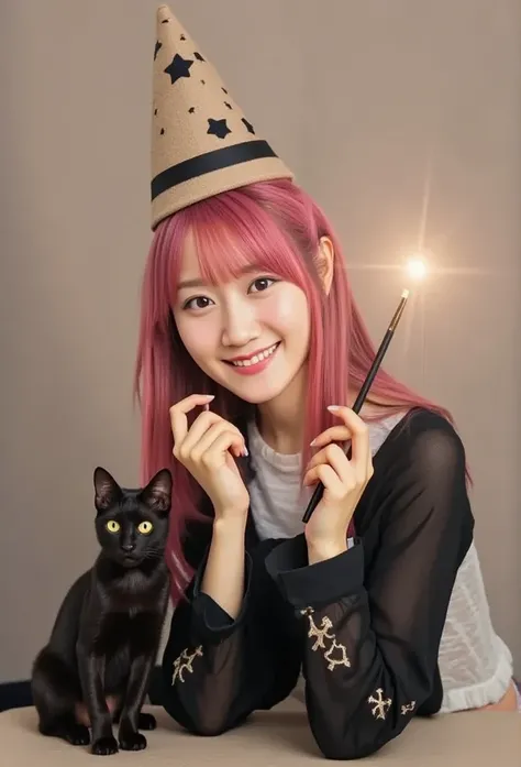  by Sam {x}  by Sam {x} Girl with a Cat,   Black Cat,  pink hair,Witch&#39;s Clothes, witch hat ,Magic wand in right hand,Flash from the tip of a cane