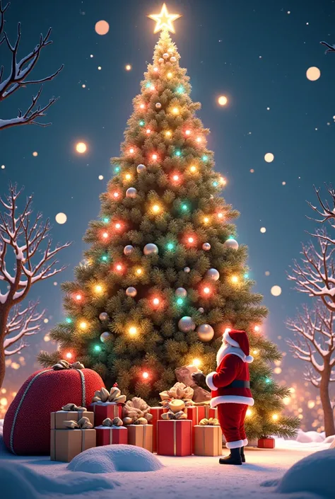 "Create a Christmas 2024 image with a large Christmas tree decorated with multi-colored lights and red-gold balls. Santa Claus stands under the tree with a sack of gifts, the floor is covered in white snow and a background decorated with colorful lights. T...