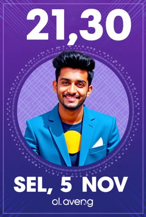 The image is a digital poster for a concert or event. The background of the poster is a gradient of purple and blue, with a geometric pattern of circles and lines. In the center, there is a photo of a indian teenager in a blue suit with a yellow circle aro...