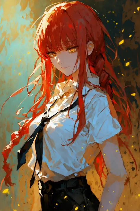 best quality, masterpiece, makima (chainsaw man), red hair, long braided hair, bangs, golden eyes, beautiful golden eyes, ((Ringed Eyes)), white shirt, black pants, black necktie, (light diffusion), 1 girl