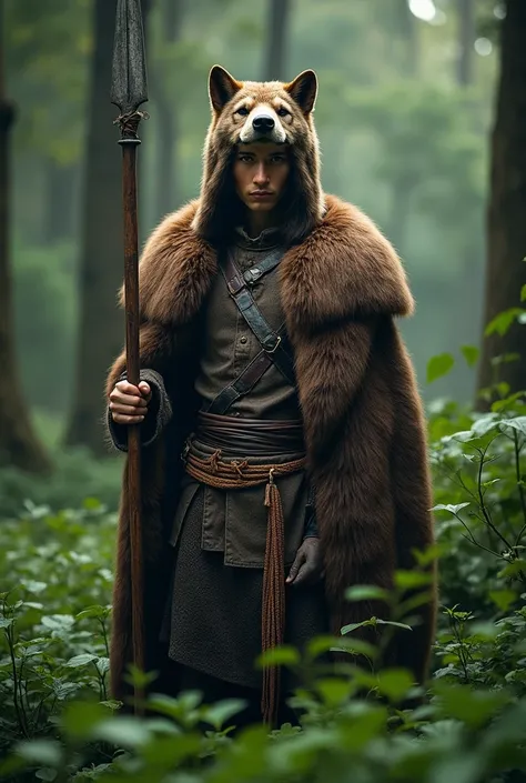 facing forward,Epic photographic style , A young and handsome Sundanese knight , wearing Animal skin furry Hat with wolf head,and a bear fur coat,indian style , athletic skinny build ,standing in the middle of a half-body green bush covered in foliage in t...