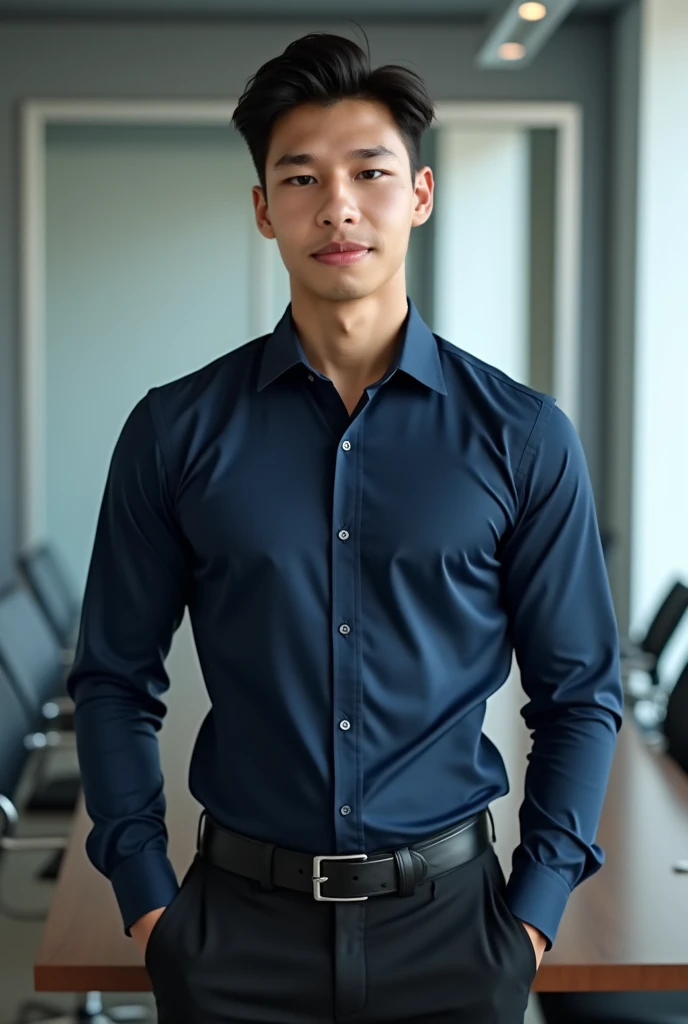  super realistic photo shoot black hair  (1 handsome Korean guy, 30 years old, big eyes, cute, sitting in a meeting room, confident, big muscles, big arms ,  tight breasts ,  Muscle Bundle) (Slim eyes 1 ：, 3 photos full body in the classroom, teachers outf...