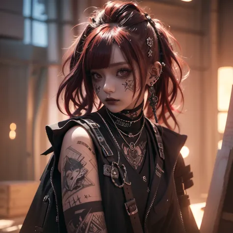 great rendered, 8k, masterpiece,  ultra quality, Beauty: 1.2,  PROFESSIONAL ILLUSTRATION : 1.1,  super detailed: 1.3, Ultra-bright,  very detailed with crimson hair, (Dark light detail)  1 girl, Goth_punk