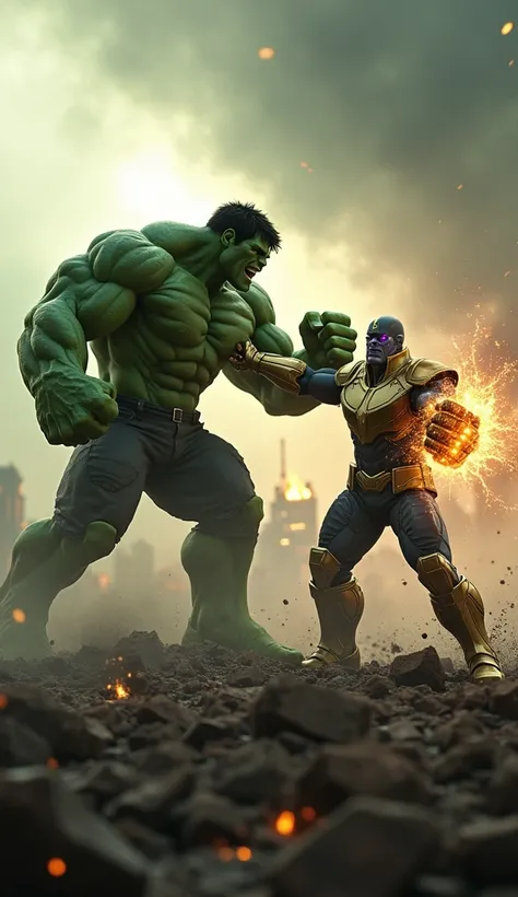 Green Hulk and Thanos fight on the battlefield. Green Hulk swings his fist with great power, while Thanos, with his Infinity Gauntlet, prepares to fight, cinematic lighting