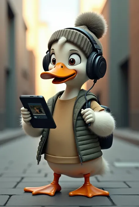  A DUCK WEARING a beanie hat ,  an oversized t-shirt and large headphones. He always has a phone recording .