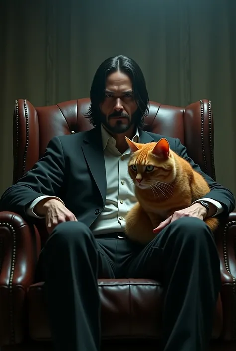 (photorealism:1.2), jowh wick, sitting on a chair, have a cat in left hand and a gun in right hand, the cat is orange, 