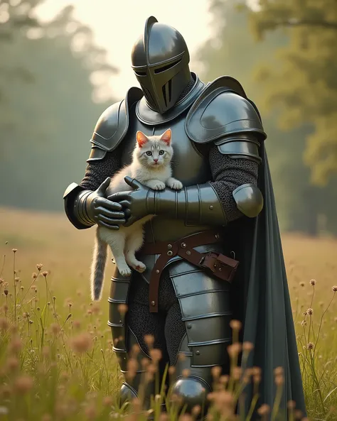 a warrior wearing highly detailed full body knight armor hugging a white grey kitten in a grass field , in a grand setting. Epic scale and heroic elements are illuminated by gentle soft light. Subtle illumination, diffused shadows, low contrast, background...
