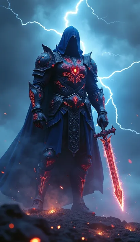 A mesmerizing live wallpaper featuring a Dark Warrior, inspired by fantasy aesthetics. The warrior stands in a dramatic pose, shrouded in glowing, ethereal smoke. His armor is dark metallic with intricate glowing red and blue runes pulsating softly. A mass...