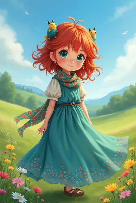 Anime Scottish girl in a blue-green dress.