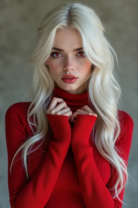 A shy girl with pale skin; red eyes; knee-length Snow White hair; large breasts; wearing red sweater; arms hands held at chest; lip quiver