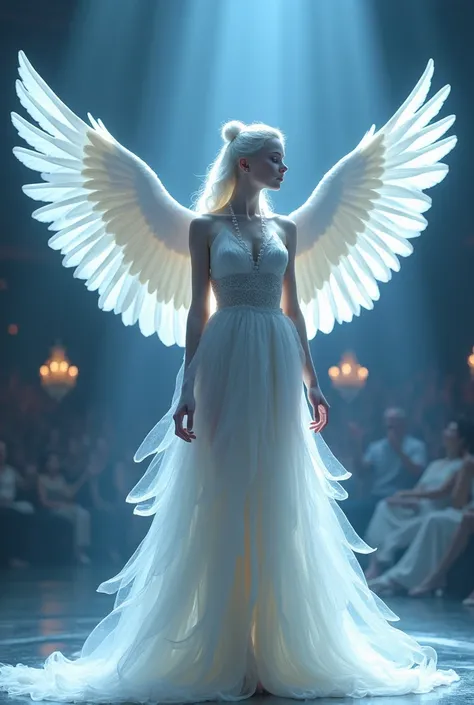 

"Imagine a serene hybrid creature standing gracefully on a theatrical stage, blending the purity of a dove with the elegance of a human girl. Her body features soft, white dove feathers flowing into a cascading gown, shimmering under the stage lights. He...