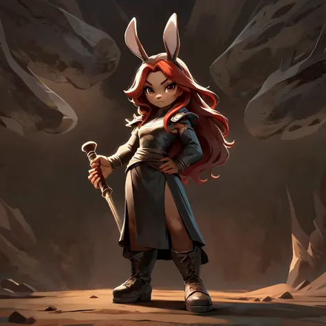 bunny, female, short, Anthropomorphic, brown and white fur, brown bunny ears, long red hair, flowing black dress, long skirt, large boots, fullbody, large axe, dynamic pose, leather overcoat, shoulder armor, masterpiece