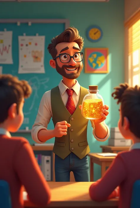 Scene 2: Mr.Turner in the classroom 
A warm and cheerful teacher with glasses,a neat beard, and a tie standing in a bright classroom .He holds a small glass jar filled with shimmering, golden The classroom has color ful posters, bookshelves,and curious ren...