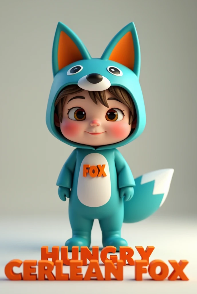 3D cartoon image of a boy wearing a cerulean fox costume with the name FOX on the front of his fox costume. On the floor is written the name "HUNGRY CERULEAN FOX" in 3D letter style, colorful letters, all names must be complete and correctly spelled. Looki...