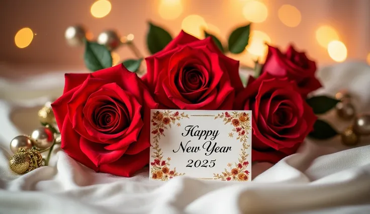 A festive arrangement with vibrant red roses, golden sparkles, and a decorative card that says Happy New Year 2025  in an elegant script, set on a smooth white fabric background illuminated by warm light."
