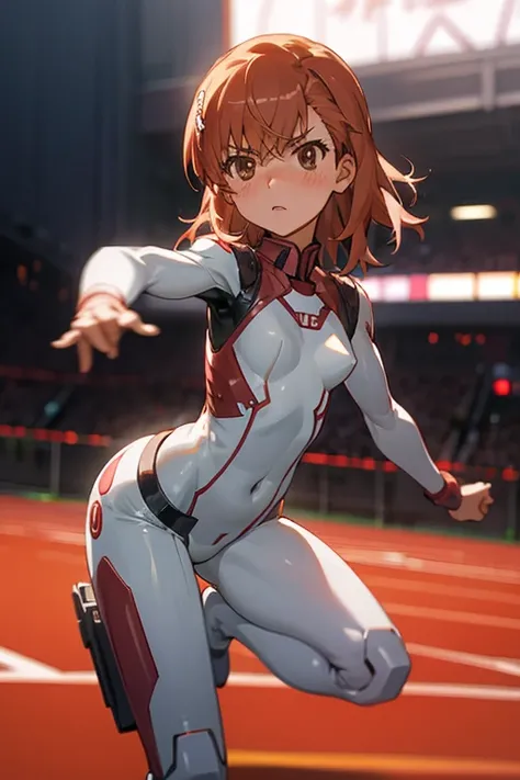 Mikoto misaka.、A Certain Scientific Railgun、girl、Small breasts、whole body,blush,best quality,bodysuit