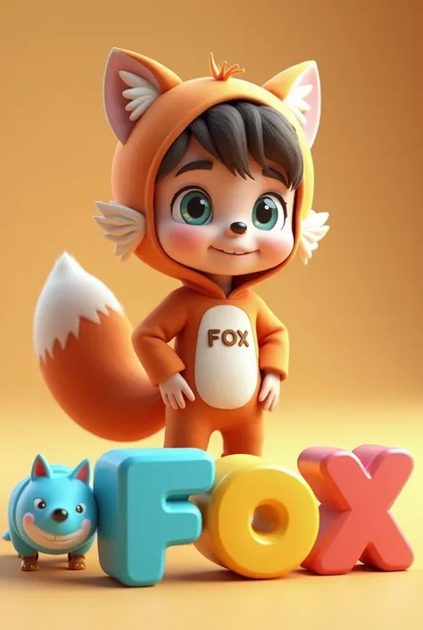 3D cartoon image of a boy wearing a cerulean fox costume with the name FOX on the front of his fox costume. On the floor is written the name "HUNGRY CERULEAN FOX" in 3D letter style, colorful letters, all names must be complete and correctly spelled. Looki...