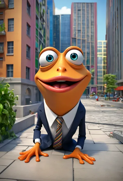 Crazy cartoon frog, A highly detailed look and expression , has big eyes and very detailed lips , is worn to go to work in the office , that suggests humor and fun , A crazy cartoon frog ,HDR Lighting, leaning on a cubic building and crying with tears fall...