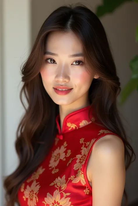 A Vietnamese woman with long, straight brown hair and bright, captivating brown eyes and thick eyelashes. She has pug nose. She is Tall and slender. Her skin is bright. Body shape is Hourglass with a balanced bust and hips with a narrow waist. Her face has...