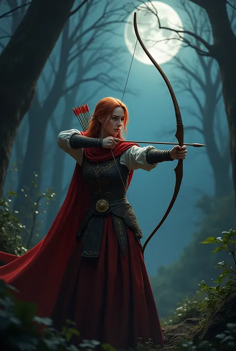  I want you to generate a photo of a young woman with straight light red hair,  medieval garments, Red cape using a bow and pointing arrows, in a night forest .  