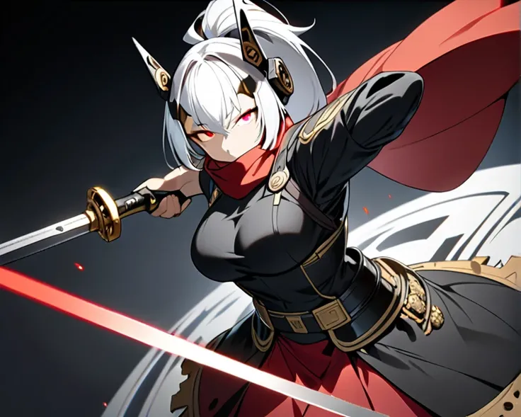 ( top quality,16k, high detail, very detailed,Great pose,)((whole body)), one girl ,  sexy,cool,White Hair, long ponytail,Red glowing eyes,Slanted Eyes,Small Nose,Small Mouth, Big Breasts ,Thighs,(black dog headgear ),red scarf, skirt , black sleeveless , ...