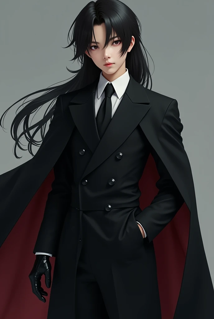 Live Action Asian Teen Boy With Long Flowing Black hair, Wearing a Double Breasted Baggy black Suit Coat that Reaches the ground, over a Baggy White Formal Dress Shirt and Black Tie Neatly tucked in with the Sleeves Covering the Palms of his Hands, With Bl...