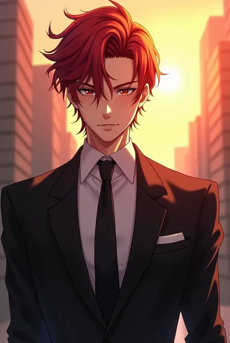 an extremely elegant and attractive male character. He has outstanding, yet stylish red hair, combined with a serious face and sharp eyes. His face is angular with delicate lines, deep eyes and strong aura, creating a cold and masculine beauty.city,sun,ani...