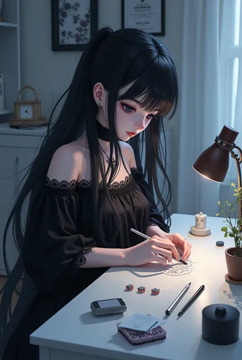 GIRL WITH LONG BLACK HAIR WEARING GOTHIC CLOTHES DOING CRAFTS ON A WHITE DESK LISTENING TO ANIME-LIKE NIGHT MUSIC 