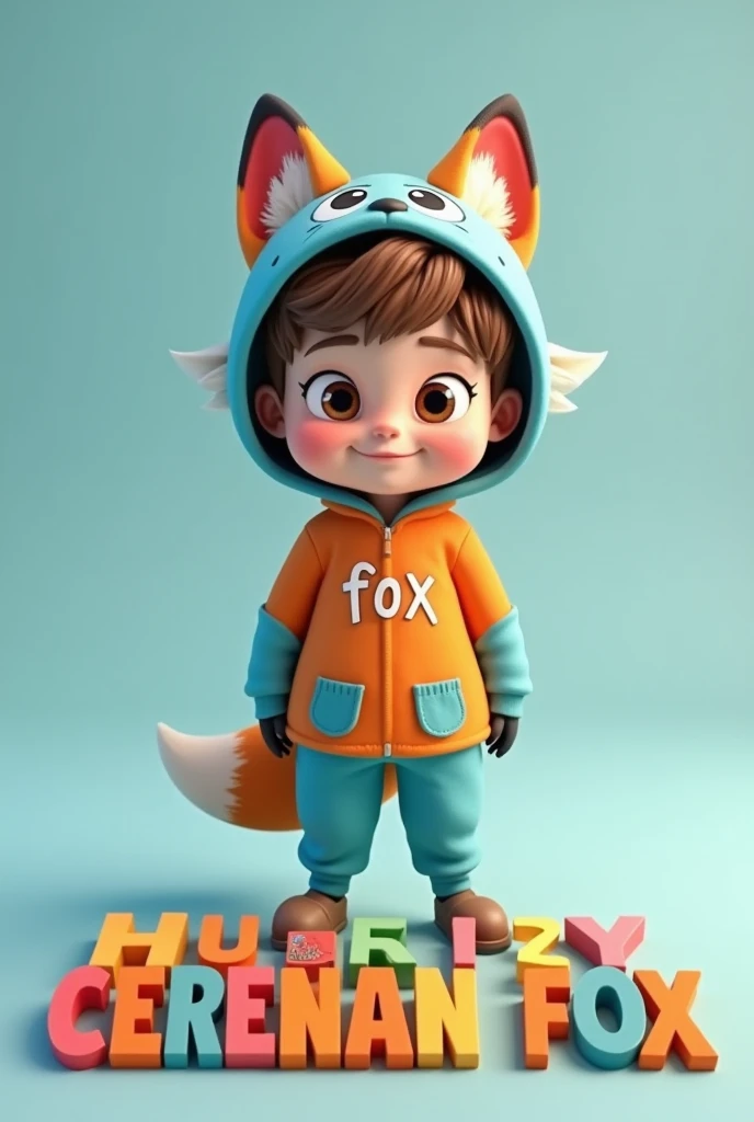 3D cartoon image of a boy wearing a cerulean fox costume with the name FOX on the front of his fox costume. On the floor is written the name "HUNGRY CERULEAN FOX" in 3D letter style, colorful letters, all names must be complete and correctly spelled. Looki...