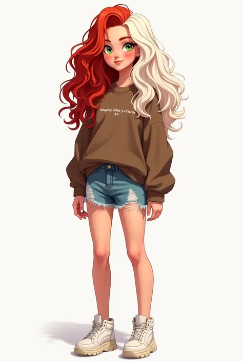 A 20-year-old woman with long, wavy red and white hair all mixed together and with green eyes and a round, flushed face wearing a brown sweater with small letters written on it and ripped denim shorts and white sneakers As if she were a digital drawing.