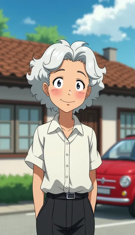 Anime image of old woman with white hair standing in front of simple house with happy face . in front of old woman with white hair there is a man aged 25 years old black hair curls white shirt black trousers standing in front of red car 