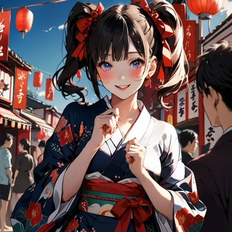   Masterpiece ,  great quality,  top quality,  high definition , 4K, 8k, 超 high definition , 
 Ukiyo-e painting style , colorful world,
1girl, hotpants,  chest , festival,whole body,.Mischievous expression、twintails,yukata
