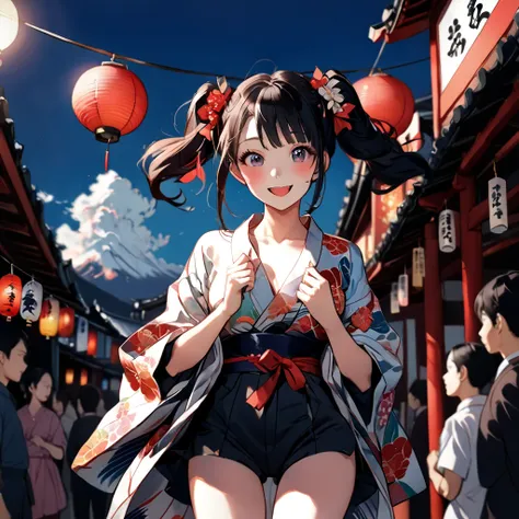   Masterpiece ,  great quality,  top quality,  high definition , 4K, 8k, 超 high definition , 
 Ukiyo-e painting style , colorful world,
1girl, hotpants,  chest , festival,whole body,.Mischievous expression、twintails,yukata
