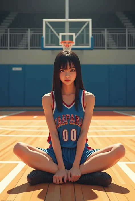  Japanese woman with a viewing angle of、 basketball club、 basketball uniform、Sit on a basketball court 、 show me her armpits