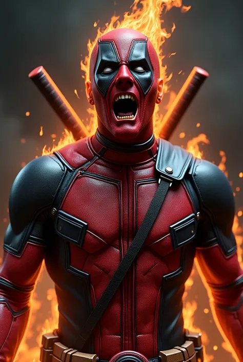 Deadpool with burning body, burned flesh, ultra detailed, photorealistic