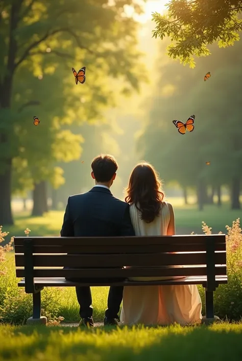 A men and a women sitting on brench, in a park, camera from back,butterflies,flowers sunshine,more Cinematic 