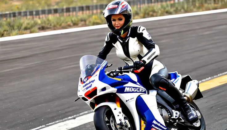    high image quality,8K images, shiny skin,American Woman,pretty face,glamorous body, perfect proportions,(Im not wearing a helmet,Wearing a rider suit, with cleavage visible :1.6),An inviting gesture,   sexy ,(Big Breasts,Bust 100cm:1.6),( MOTOGP motorcy...