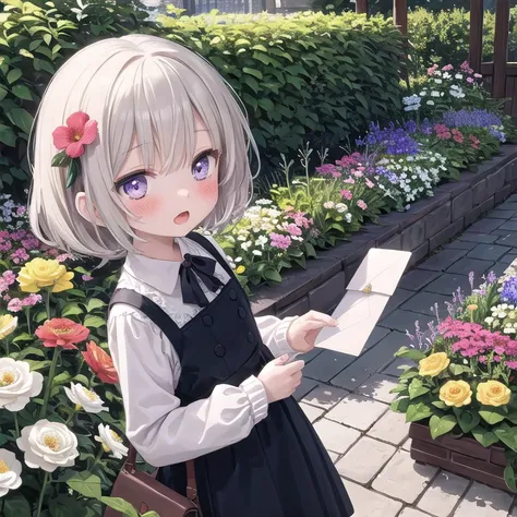 (masterpiece),
1boy, loli, , blush, open mouth, take a letter, flower in hand, garden