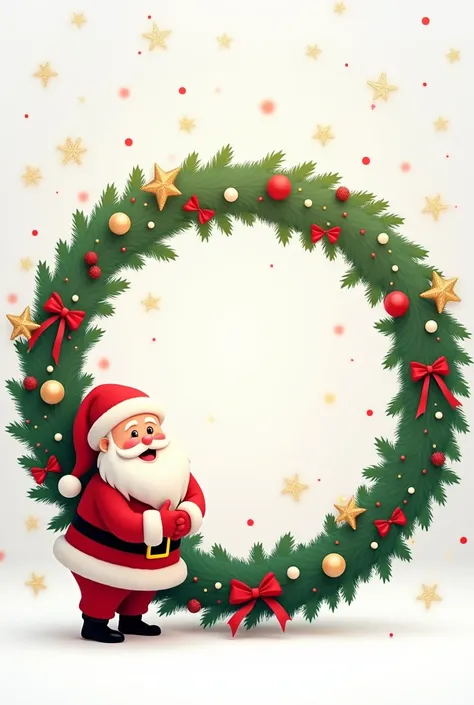 Create an image of a large round Christmas garland,  with an adorable Santa Claus and to the side/on the side hugging or holding her .  must have a clean space in the central area  ( to place a photo ):use typical Christmas colors and surrounding elements ...