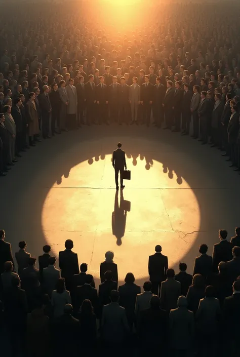 A dramatic, cinematic scene depicting a lone figure standing in the center of a large, circular open space surrounded by a dense crowd of people. The lone figure is dressed in modern attire, holding a briefcase, and is illuminated by a warm light that cast...