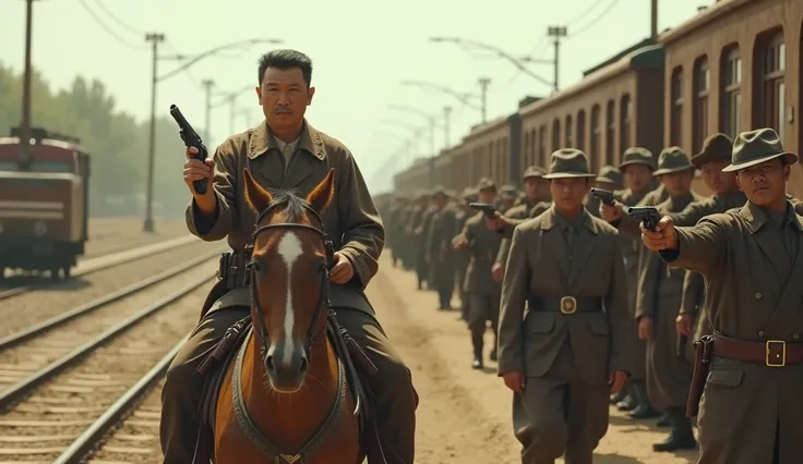 A Chinese man about 40 years old, wearing a brown, black and white hunters shirt, riding a horse, holding a pistol in one hand, holding the horses reins in the other, the gun is pointed at the gangsters waiting on the railway, behind is a railway with a ru...