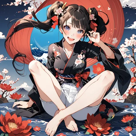   Masterpiece ,  great quality,  top quality,  high definition , 4K, 8k, 超 high definition , 
 Ukiyo-e painting style , colorful world,
1girl, hotpants,  chest , festival,whole body,.Mischievous expression、twintails,Black yukata、White pants
