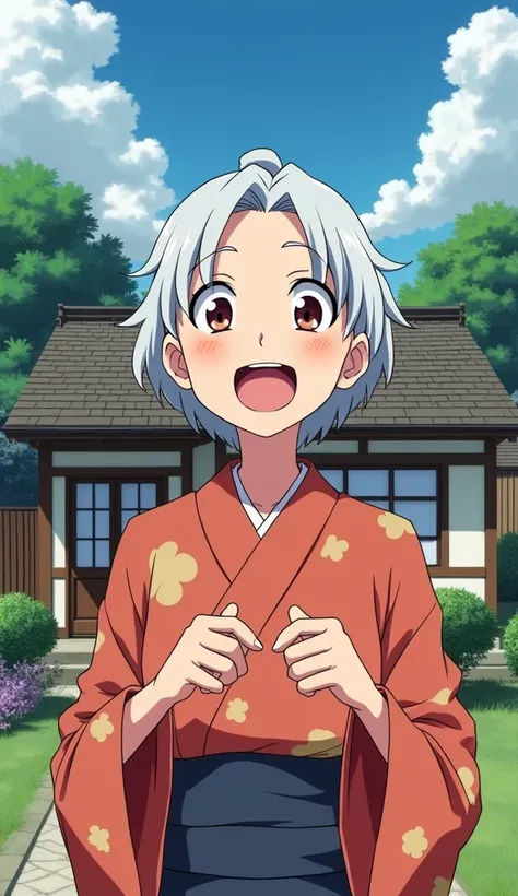 Anime picture of old woman standing in front of the house faces the womans face is elated 