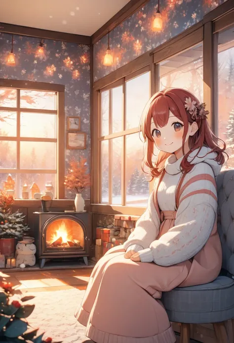 anime smiling girl sitting on a chair in front of a fireplace, cozy wallpaper, happy cozy feelings, cozy place, cozy environment, cozy atmosphere, cozy home background, seasons!! : 🌸 ☀ 🍂 ❄, cozy atmospheric, winter time, cozy aesthetic, cozy and calm, cozy...