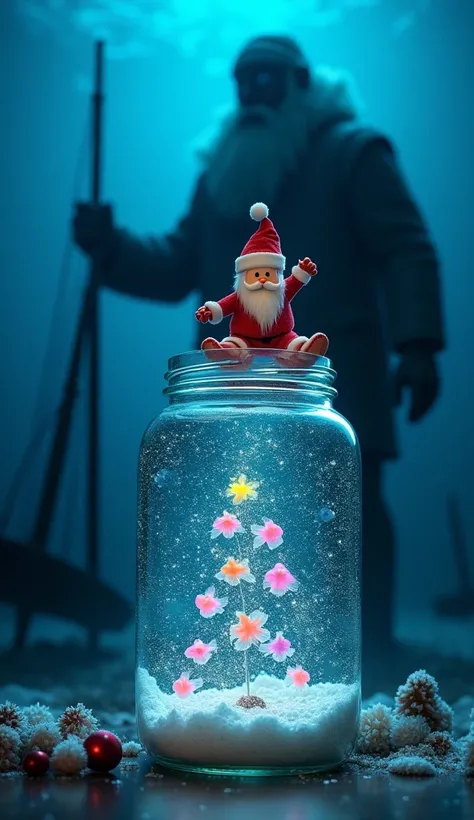 The Santa clock floats gently on a tiny candy-cane raft inside the blue water jug, scattering sparkling "snowflakes" made of luminous jellyfish to entertain the colorful fishes swimming around him. The fishes respond by forming a glowing Christmas tree sha...